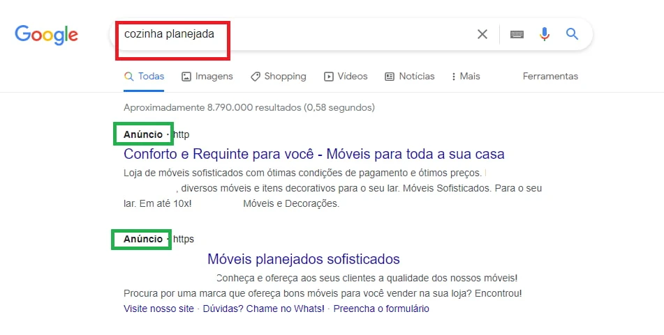 anúncio na página de pesquisa do google sobre marketing para móveis planejados