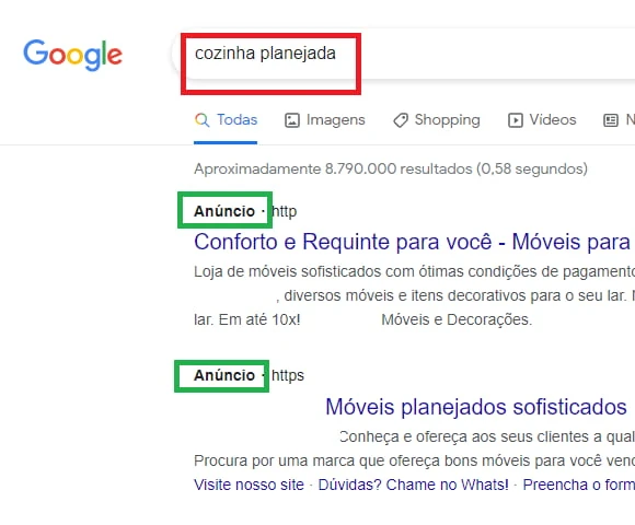 anúncio na página de pesquisa do google sobre marketing para móveis planejados