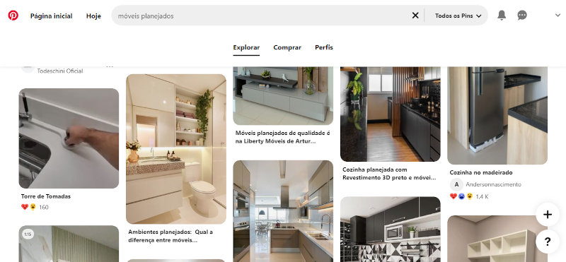 Página do Pinterest com pesquisa de móveis planejados - Pinterest como canal de vendas