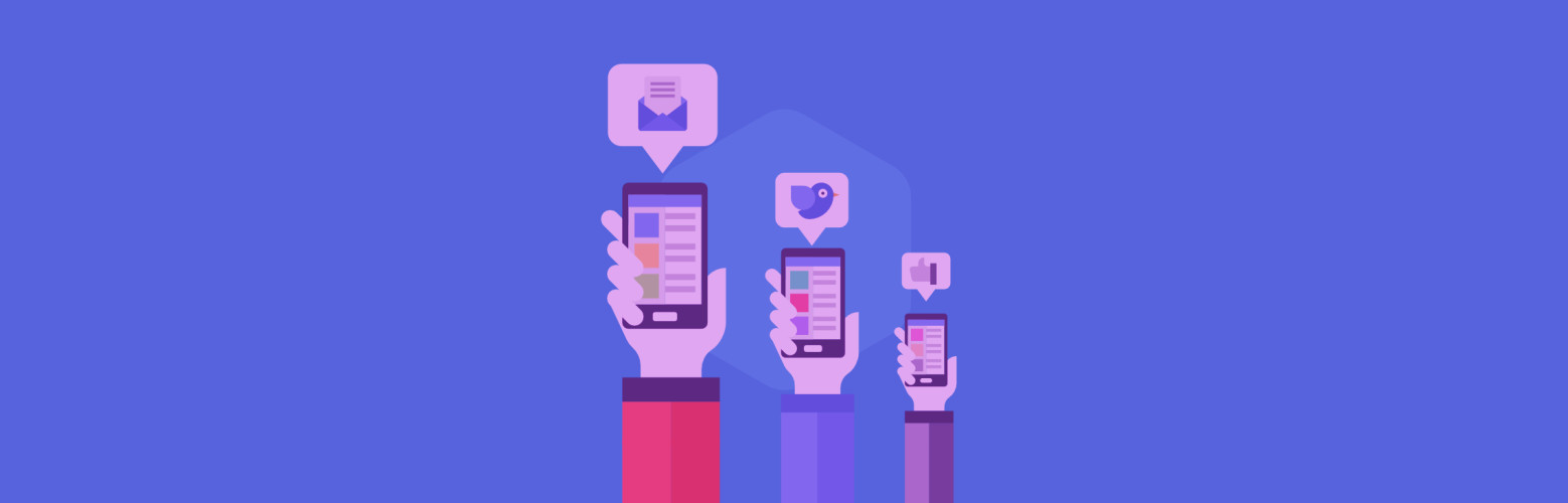ilustração de mãos segurando smartphone mostrando ícones de redes sociais na tela