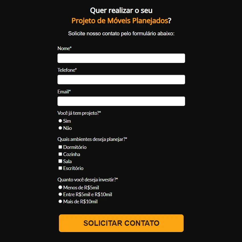 Exemplo de formulário em uma landing page de marketing para móveis planejados