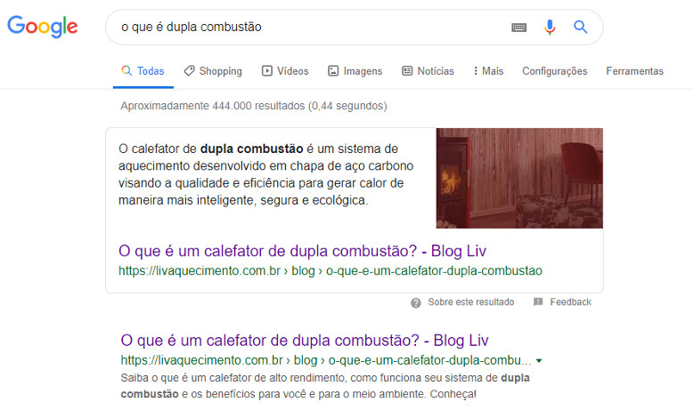 imagem da serp com os resultados para busca de "calefator de dupla combustão snippet de destaque para keyword "o que é dupla combustão"